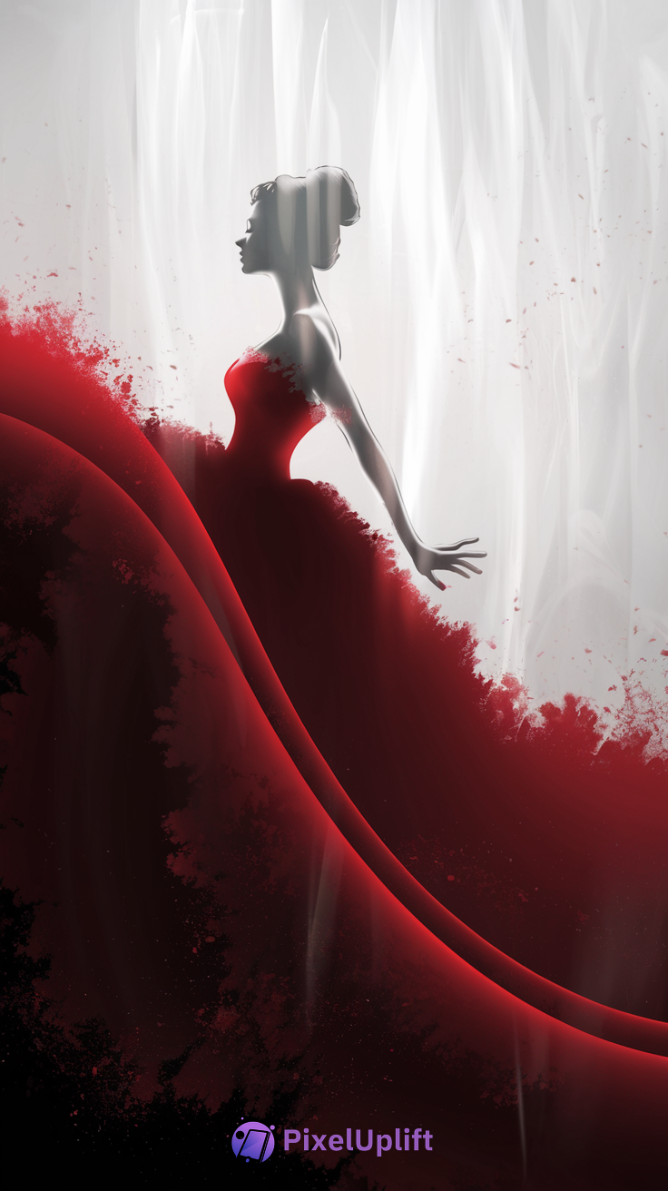 Silhouette of woman in flowing red dress with smoky effect on soft white background phone wallpaper