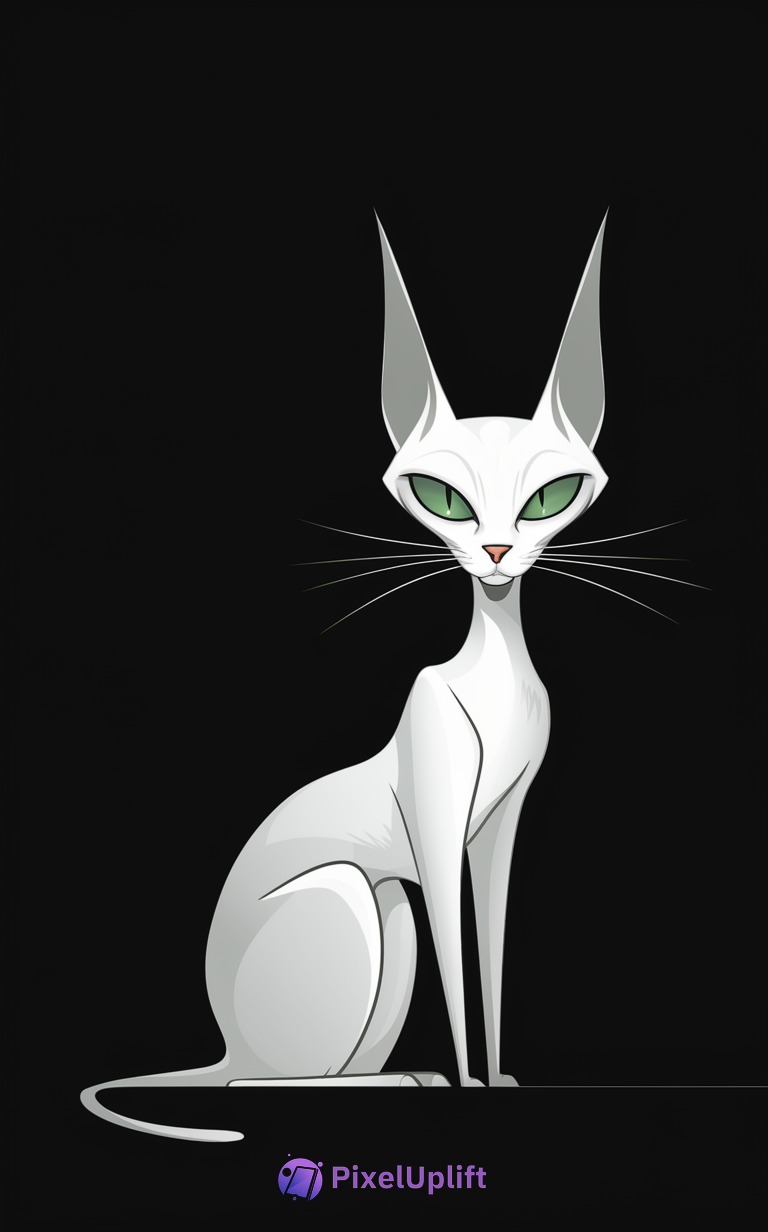 Stylized digital illustration of a sleek white cat with large ears and green eyes on a black background phone wallpaper