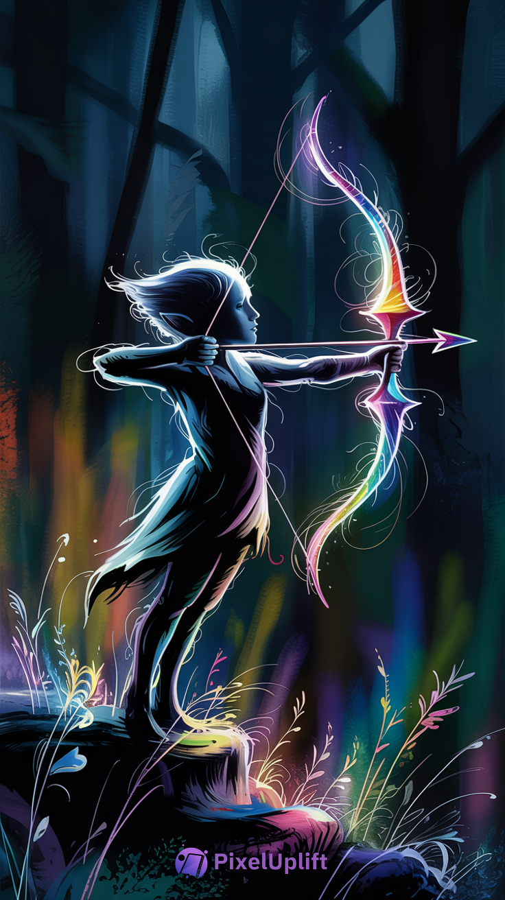 Vibrant illustration of an elf-like figure with glowing bow in dark forest surrounded by luminescent plants