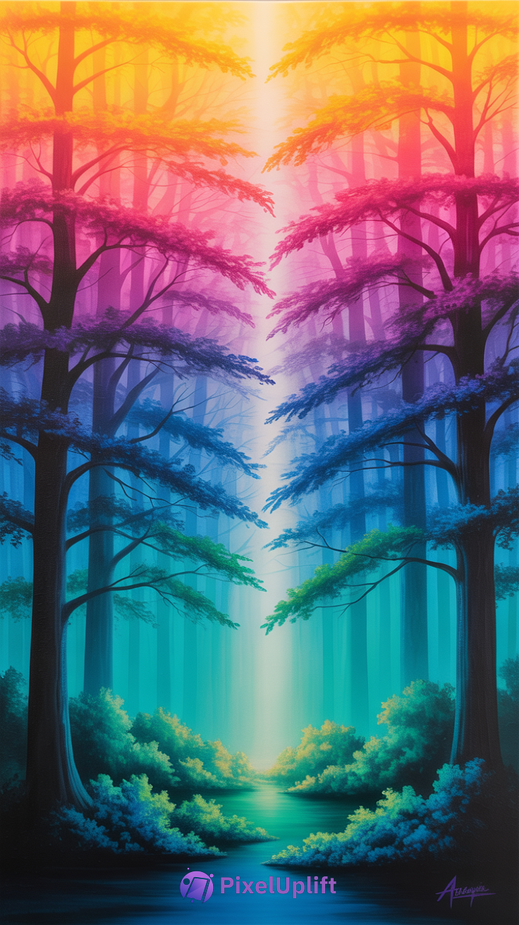 Vivid enchanting forest phone wallpaper with gradient foliage and a peaceful stream