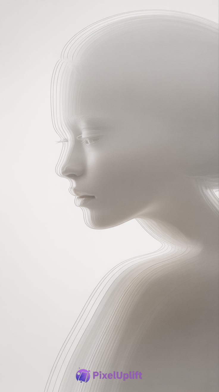 Ethereal abstract side profile of female face and shoulder made of soft white and gray contour lines on a minimalist background