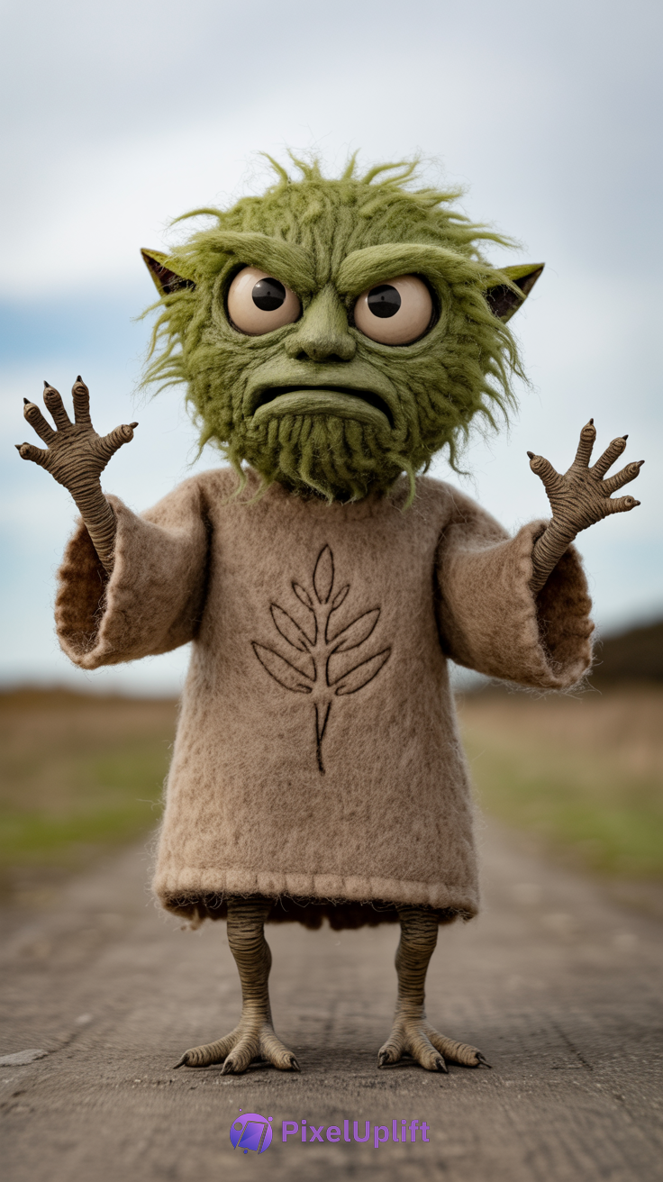 Whimsical fantasy creature with leafy green textured skin and bird talon hands standing on a dirt path outdoors with blurred natural background