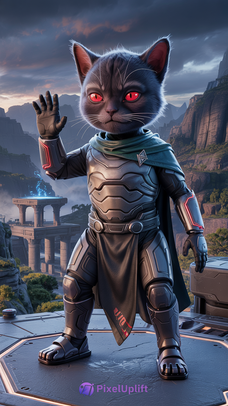 Anthropomorphic cat character with red eyes and futuristic armor standing on a platform with a mountainous sci-fi background