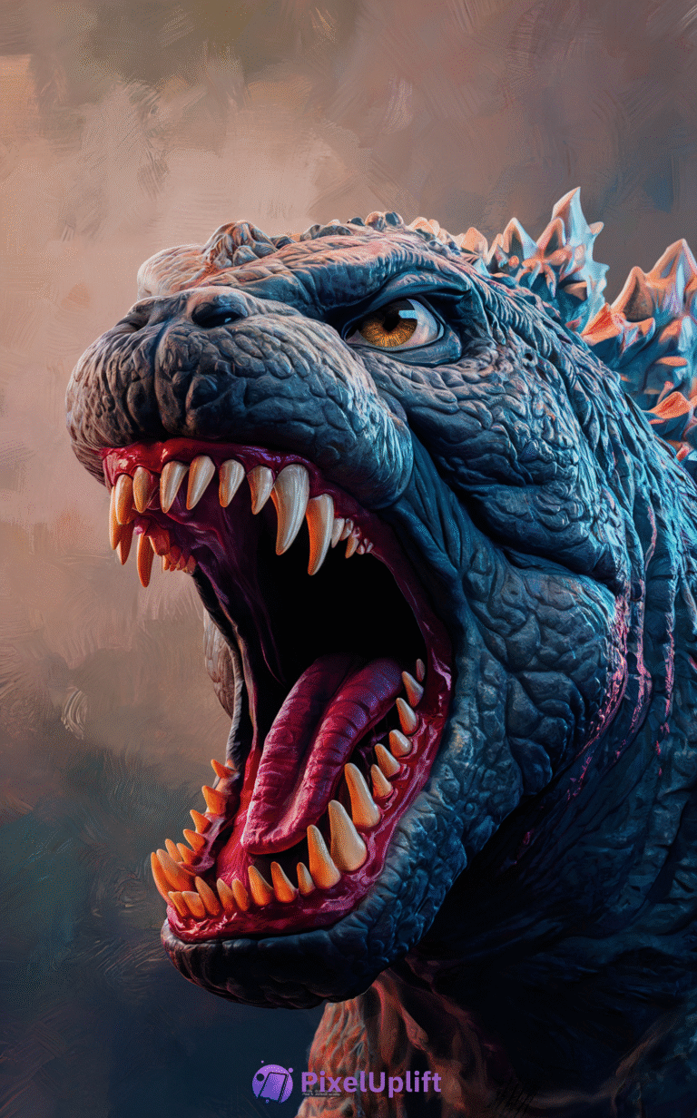 Close-up hyper-realistic Godzilla creature with rugged blue-gray scales, fierce golden eyes, and jagged dorsal plates on a warm textured background