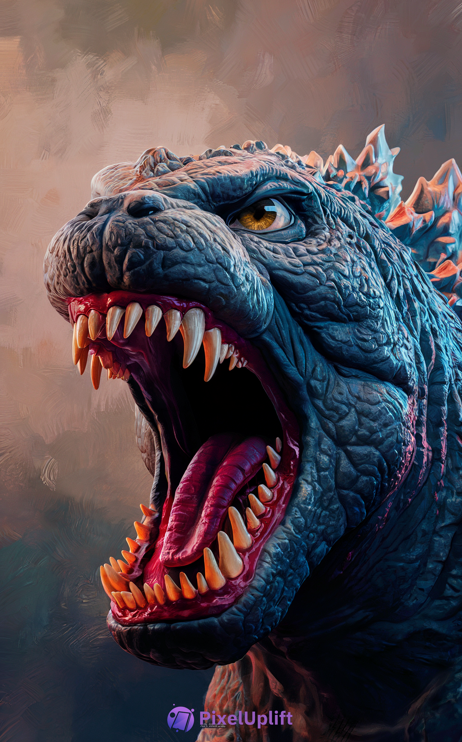 Close-up hyper-realistic Godzilla creature with rugged blue-gray scales, fierce golden eyes, and jagged dorsal plates on a warm textured background