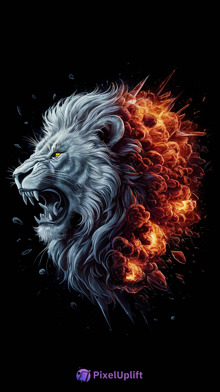 Striking artistic phone wallpaper of a roaring lion head in blue and white with fiery red and orange flames on black background