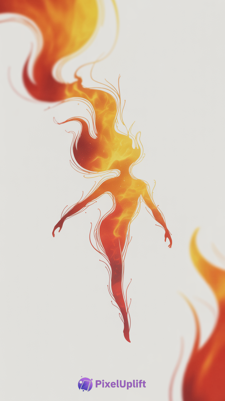 Abstract fiery woman made of flames in warm red, orange, and yellow tones on light background phone wallpaper