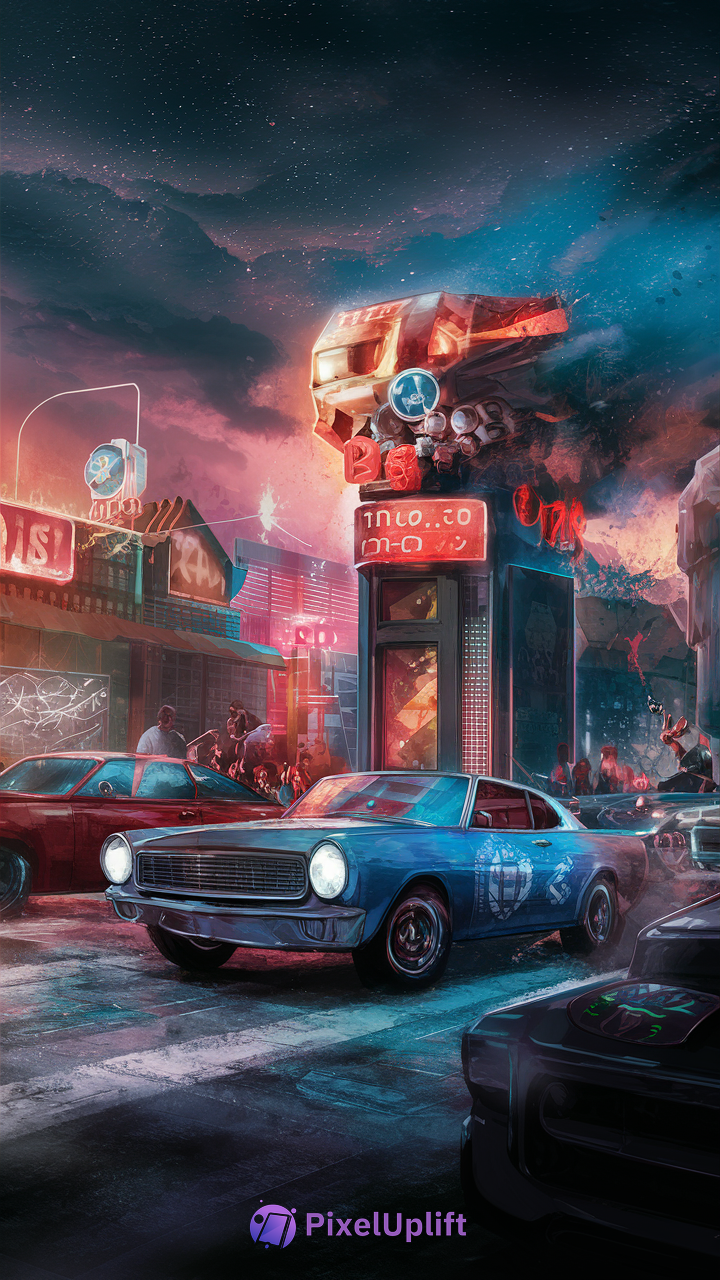 Vibrant futuristic street scene with blue muscle car and neon signs at night, perfect free phone wallpaper