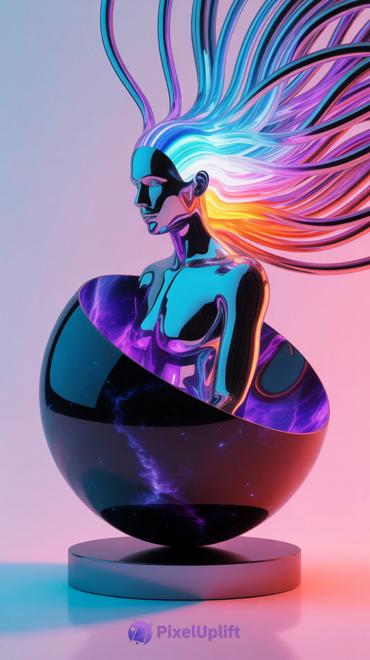 Futuristic humanoid figure emerging from a glossy black cosmic sphere with vibrant neon hair and galaxy patterns phone wallpaper
