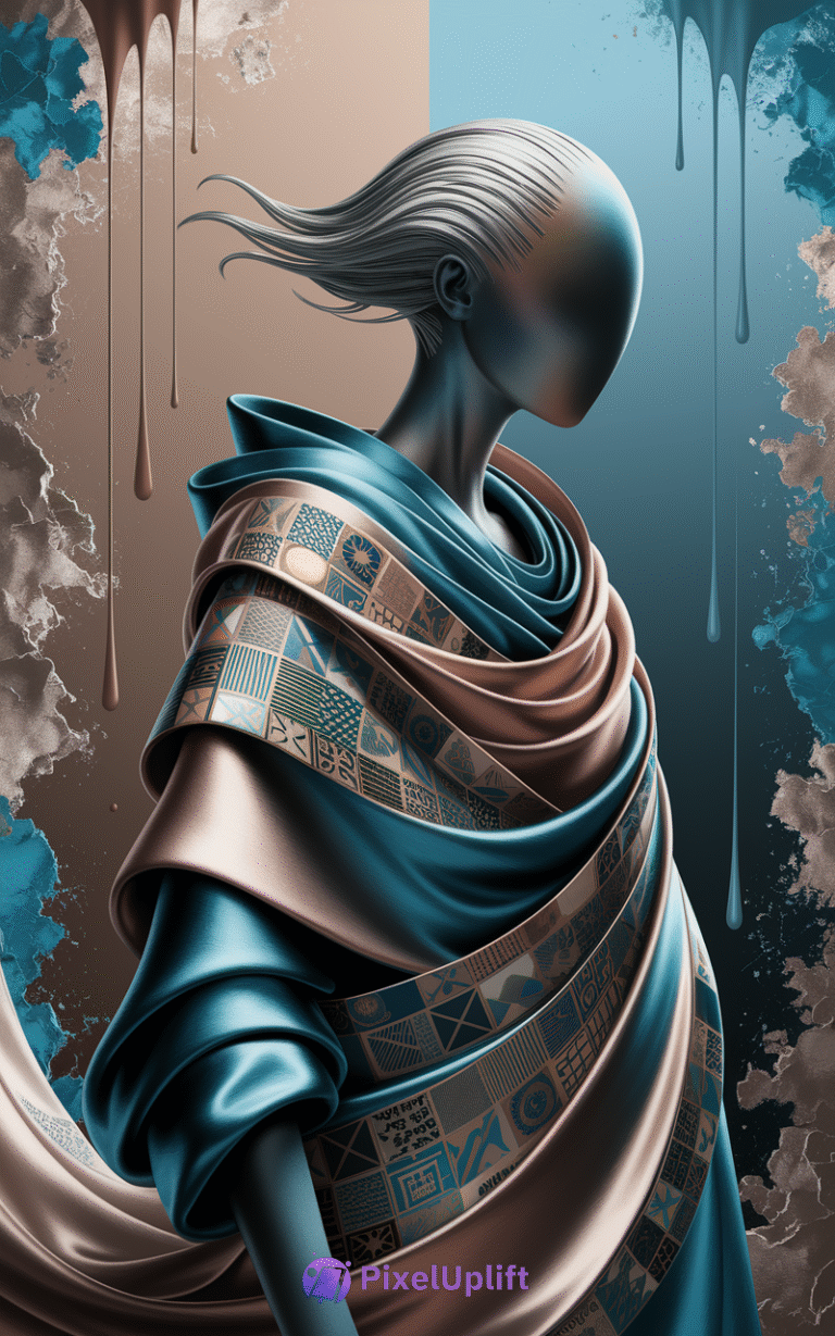 Futuristic faceless humanoid figure with metallic texture and flowing strands, draped in layered blue and beige fabric with geometric patterns on a split beige and blue gradient background