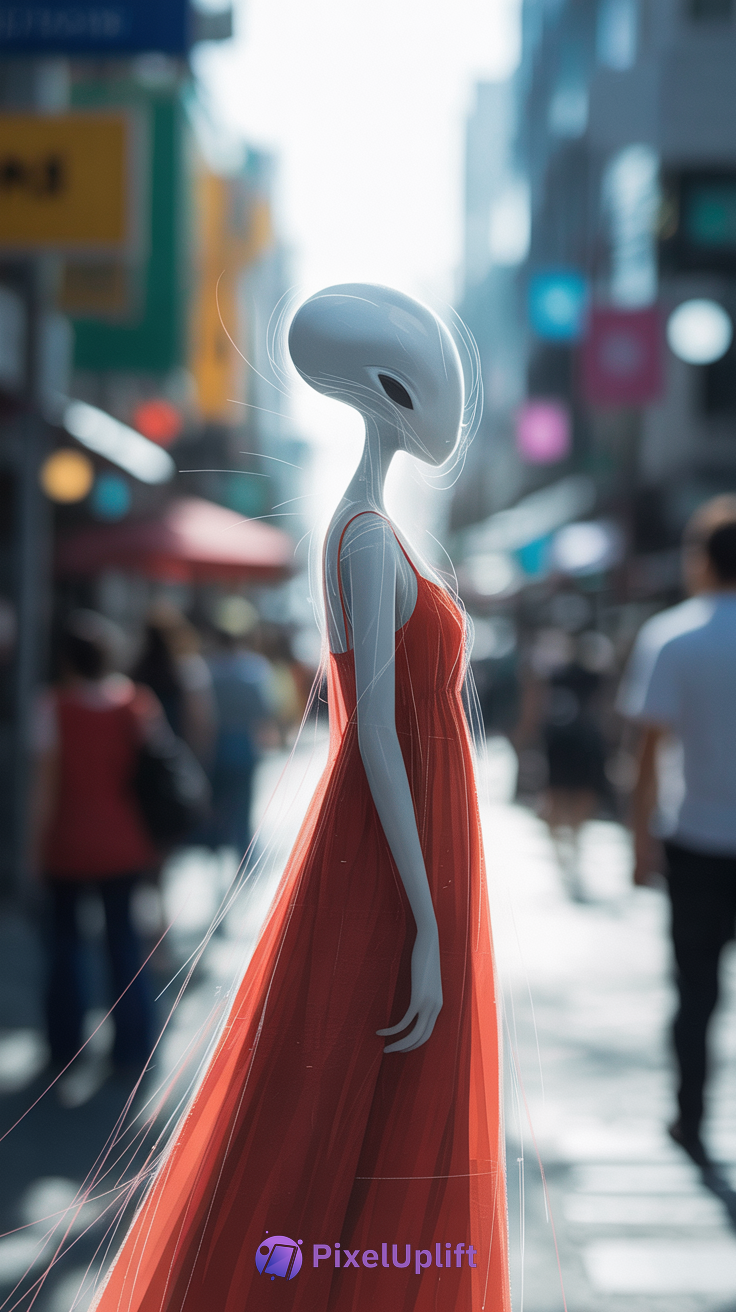 Futuristic phone wallpaper featuring an elongated humanoid figure with a pale bulbous head wearing a flowing red dress against a blurred urban background