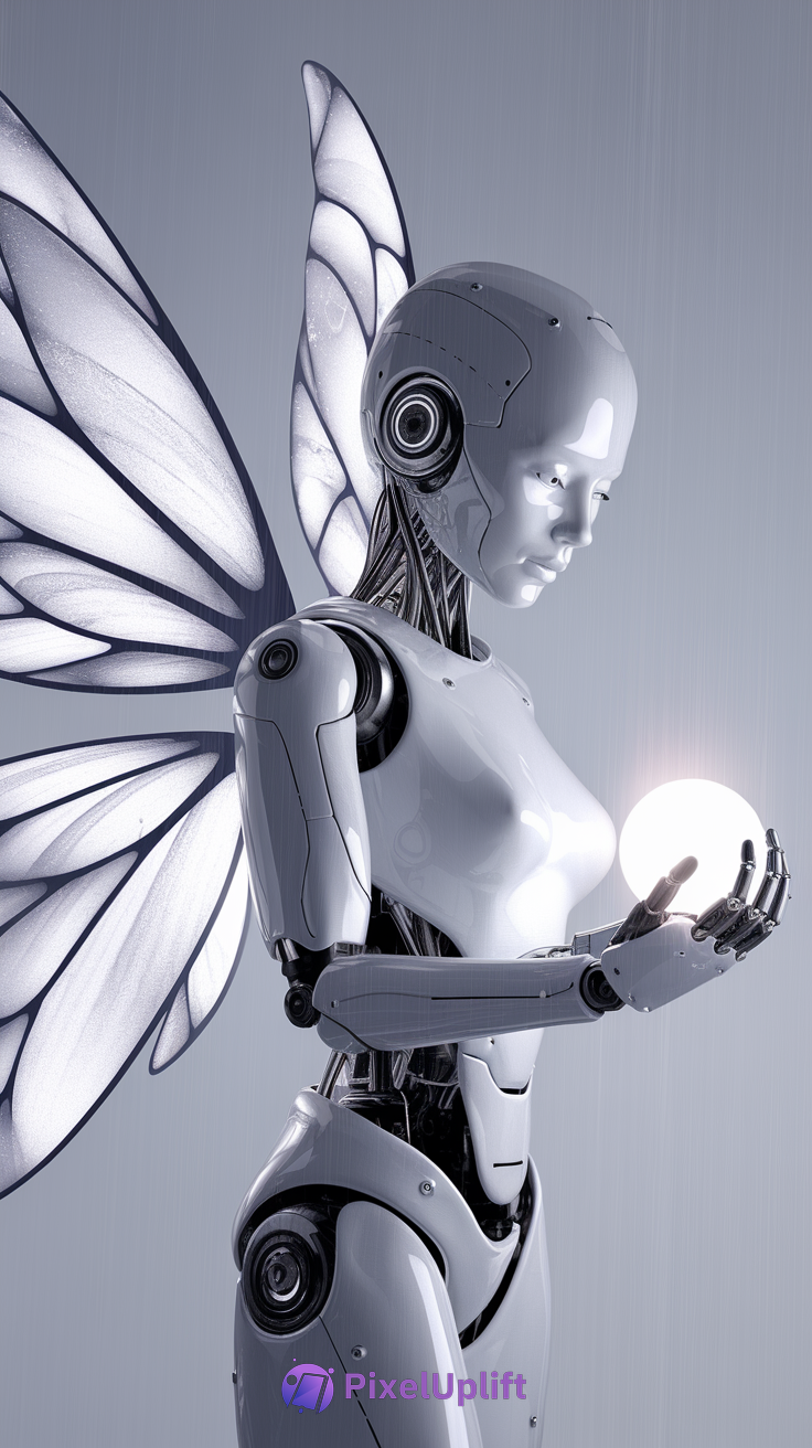 Futuristic humanoid robot with translucent butterfly wings holding a glowing white orb on a muted gradient background