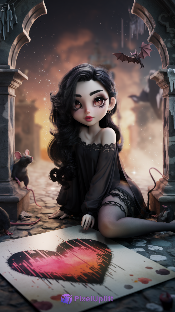 Gothic fantasy phone wallpaper showing doll-like character with black hair sitting on cobblestone ground in castle setting, surrounded by rats and bat with glowing sunset background