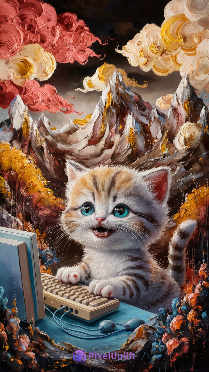 Whimsical surreal phone wallpaper of a smiling kitten with bright blue eyes using an old computer keyboard, set against vibrant swirling red, orange, and yellow clouds over a fantastical mountainous landscape