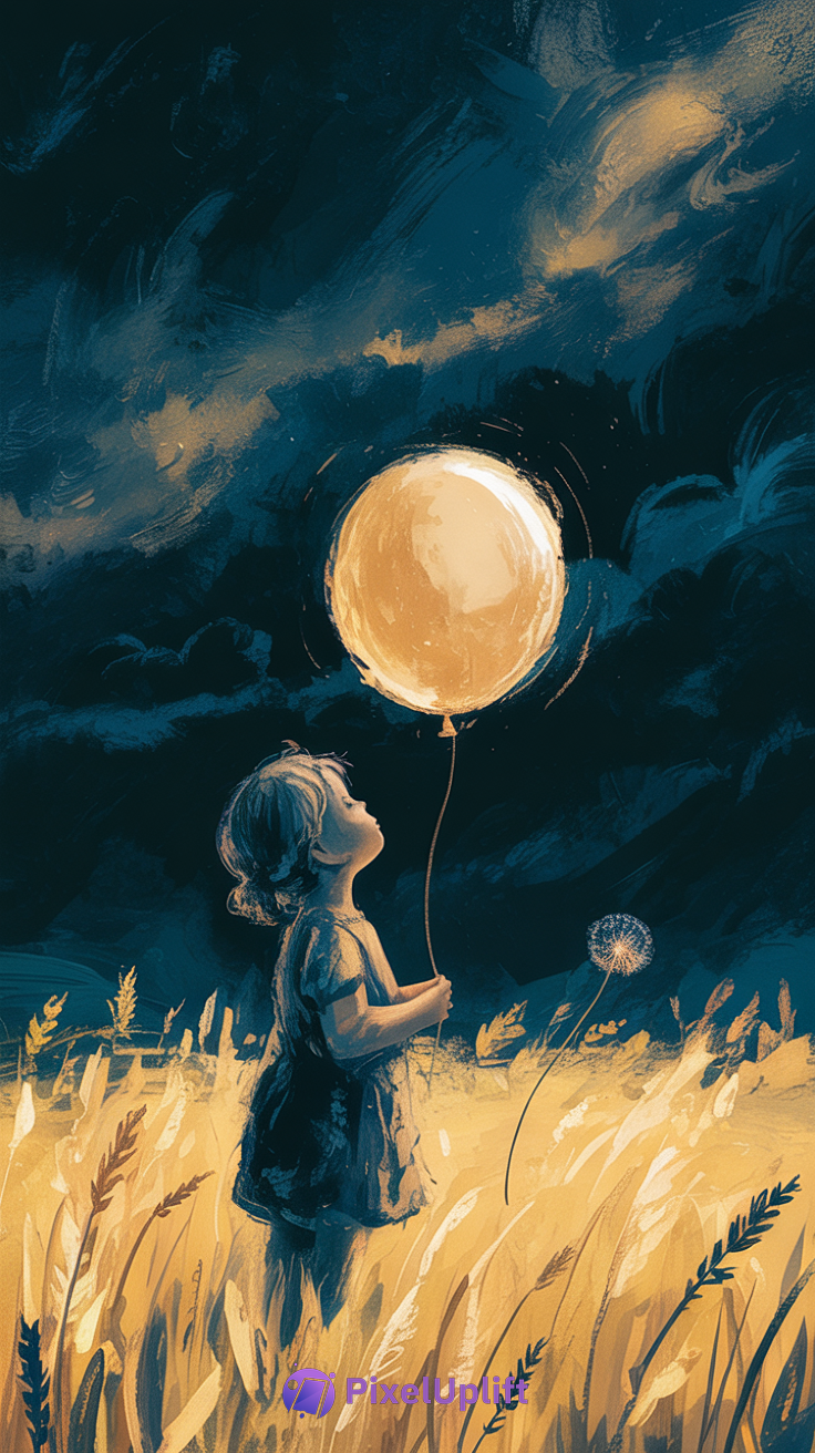 Whimsical digital illustration of a child holding a glowing moon balloon in a field under a moody night sky