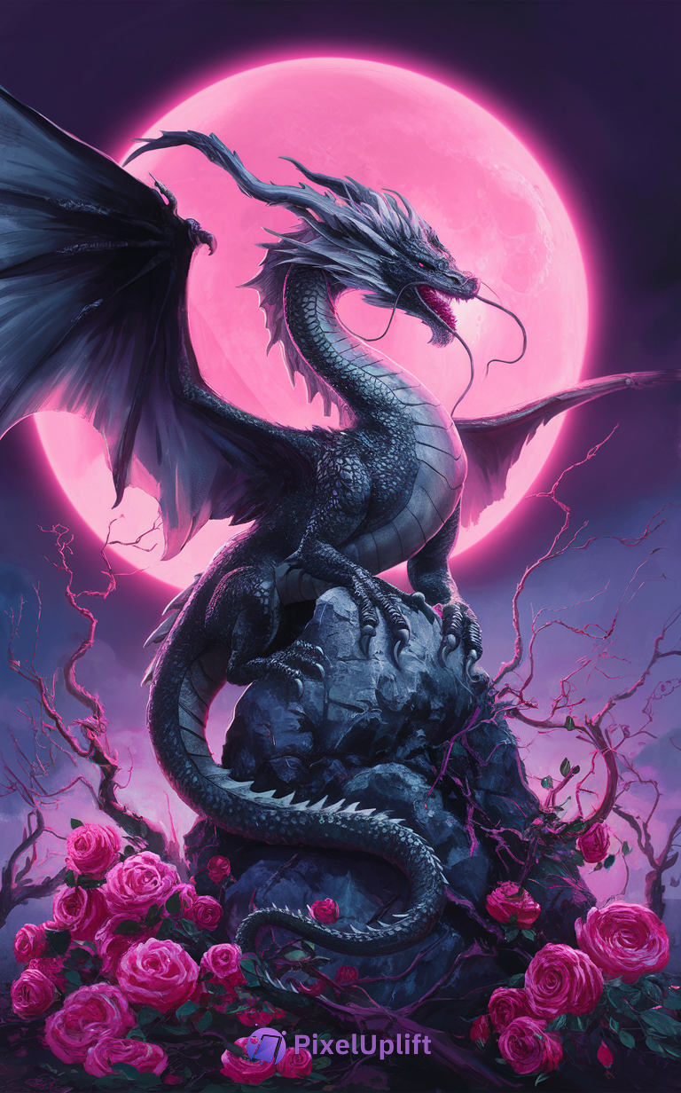 Majestic black dragon perched on a rock with large wings spread, illuminated by a glowing pink moon, surrounded by vibrant pink roses and twisted branches