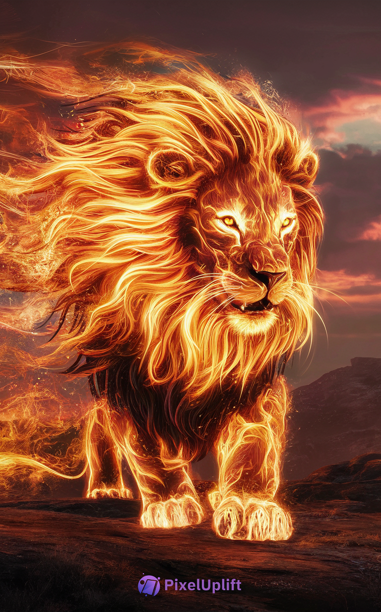 Majestic fiery lion phone wallpaper with glowing lines and flames on dark rocky background