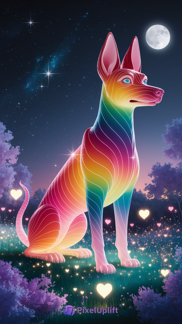 Stylized rainbow-colored dog sitting in a glowing magical meadow under starry night sky with full moon, surreal vibrant phone wallpaper