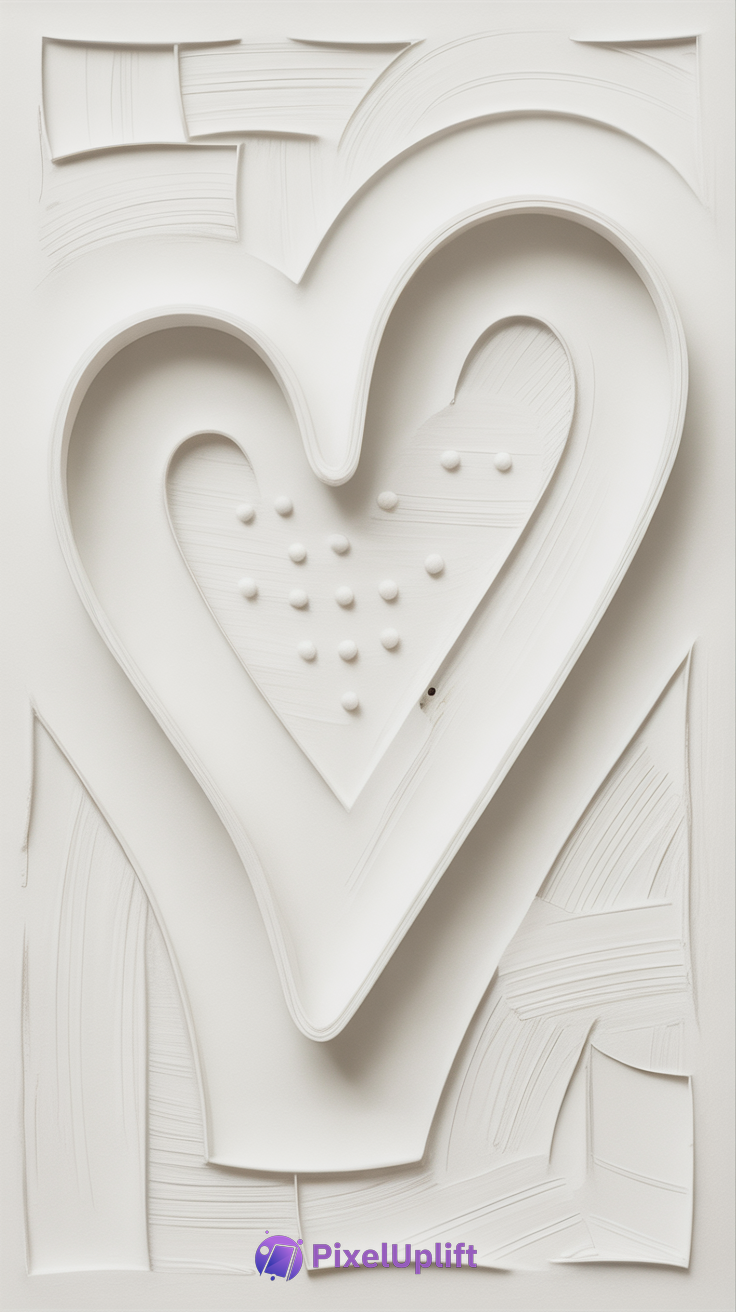 Minimalist abstract 3D heart phone wallpaper in soft white with textured surfaces and intricate background