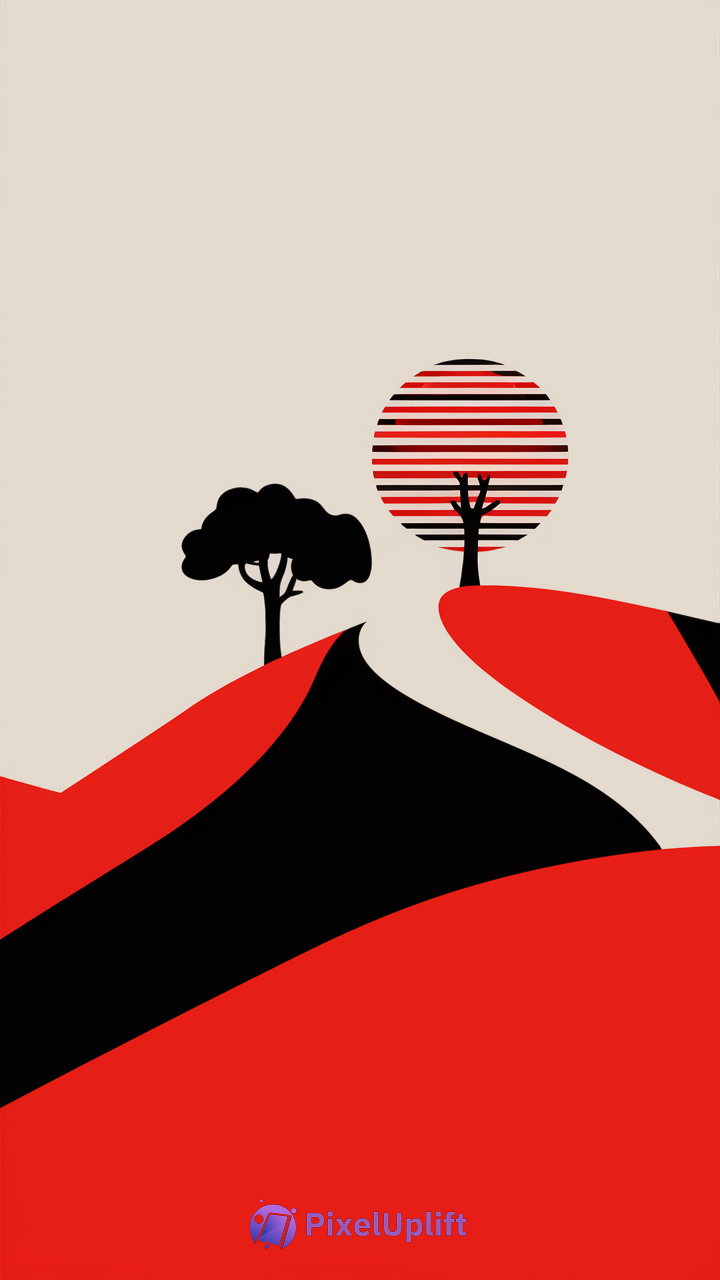 Minimalist abstract landscape phone wallpaper with stylized trees on red and black hills and striped sun on beige sky