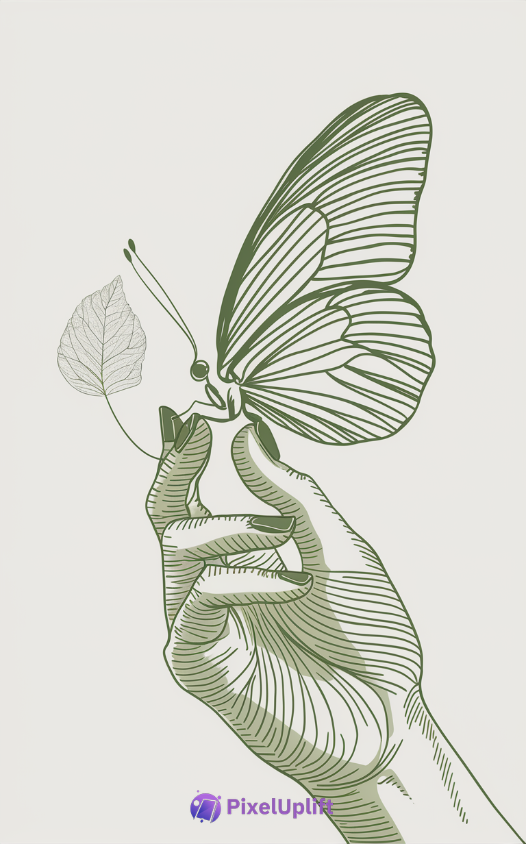Minimalist line-art phone wallpaper of a hand gently holding a butterfly with greenish tones