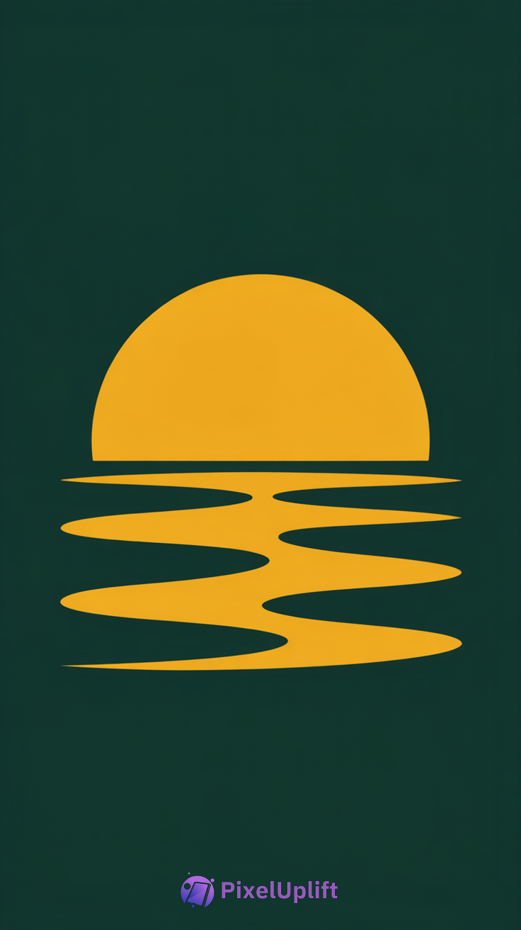 Minimalist yellow semi-circle sun with wavy reflection on dark green background phone wallpaper