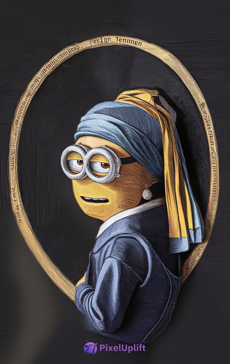 Minion character styled like Girl with Pearl Earring painting as a dark phone wallpaper