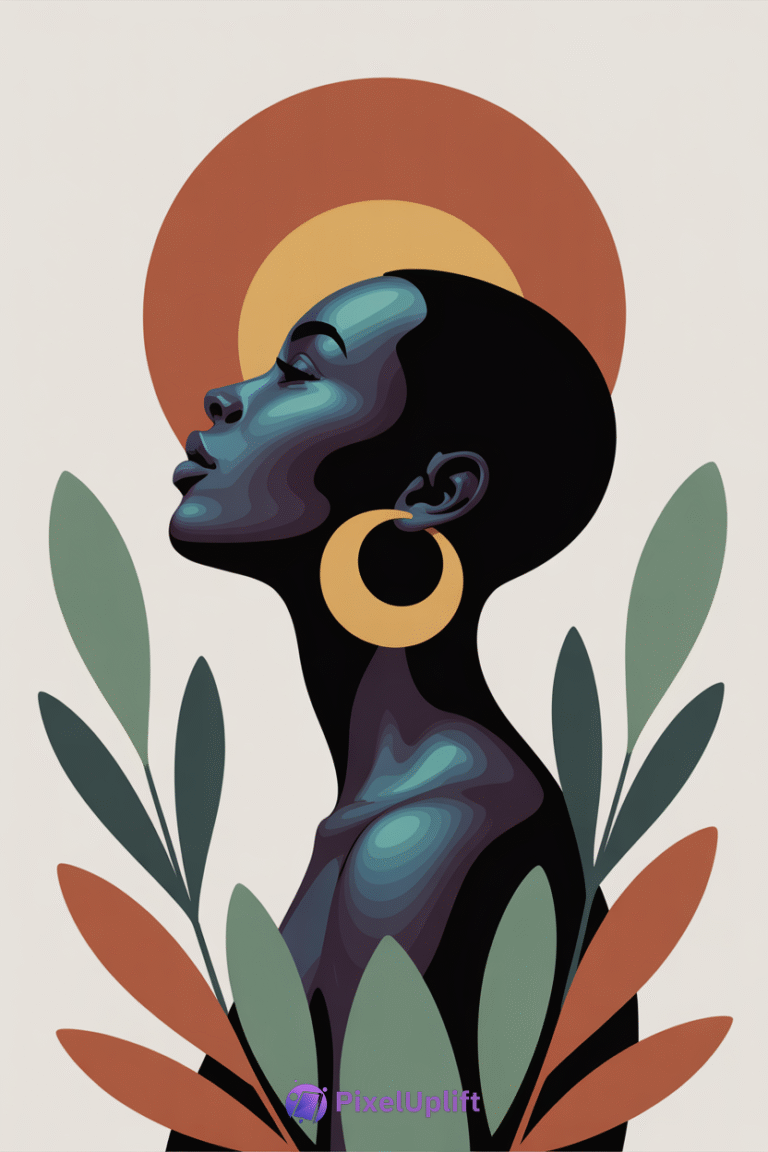 Stylized digital illustration of a blue and purple shaded woman in profile with yellow-gold earring and warm orange circular halo on phone wallpaper