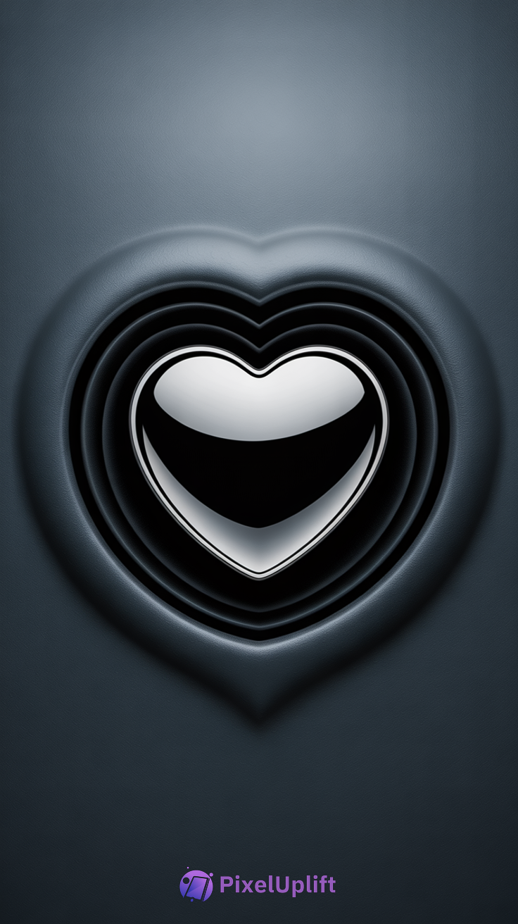 Glossy black heart with layered concentric hearts carved in dark textured surface creating 3D effect phone wallpaper