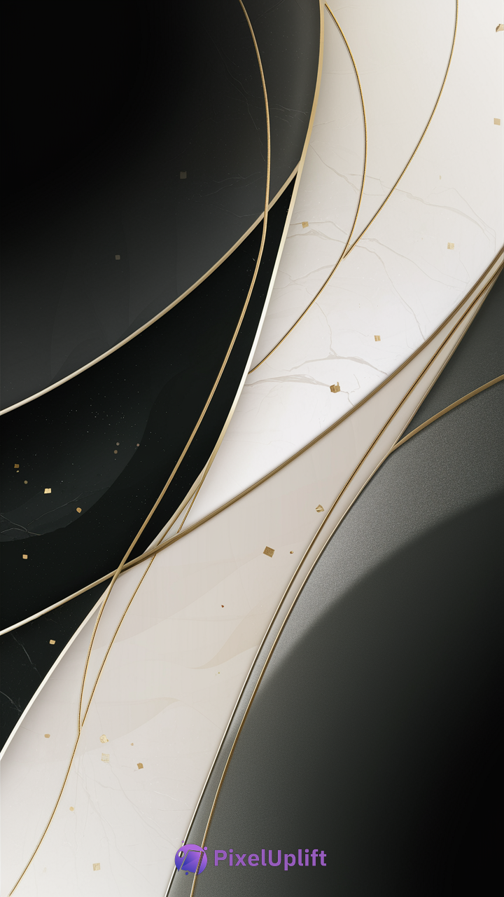 Abstract black white and gray curved phone wallpaper with gold lines and flecks