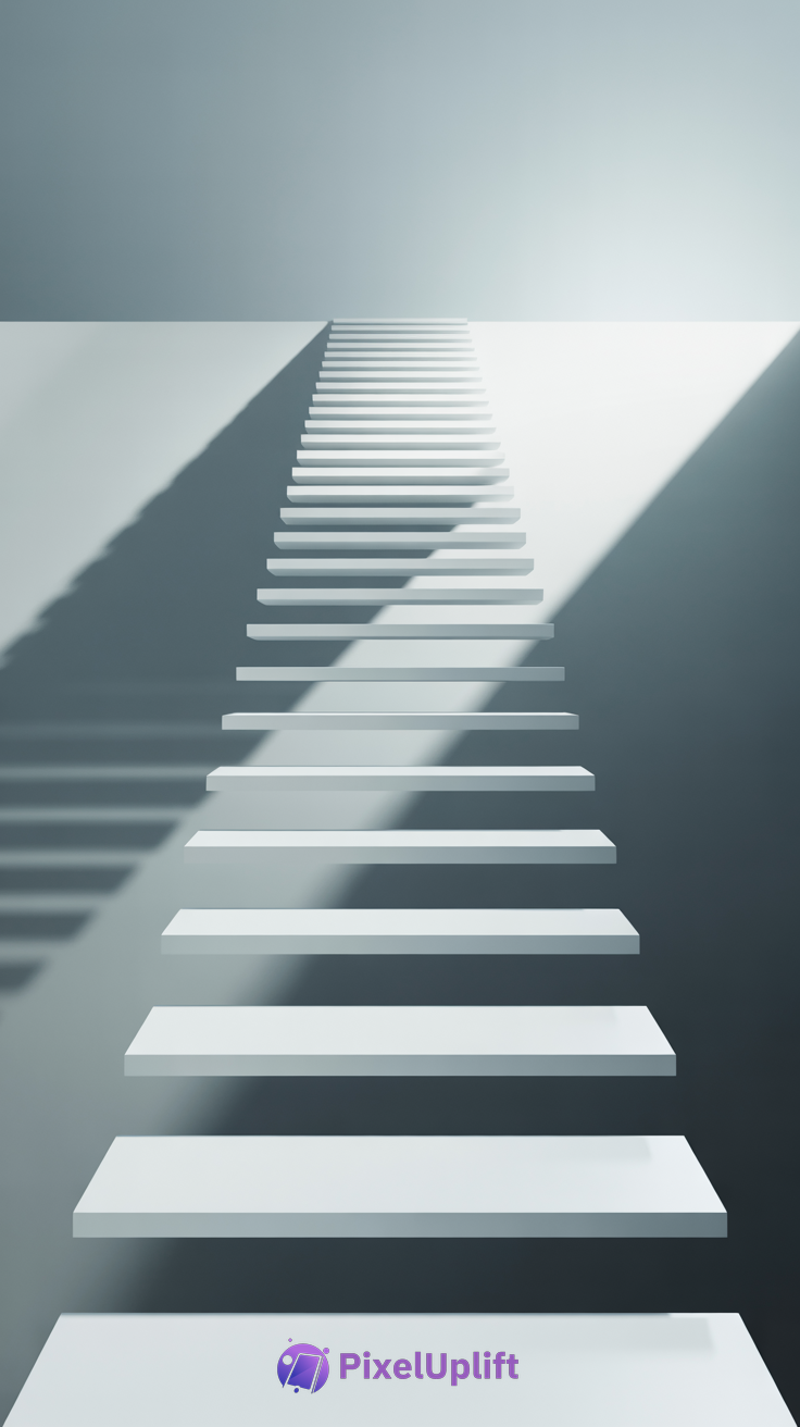 Modern minimalistic floating white staircase against a light blue wall with defined shadows creating an abstract pattern