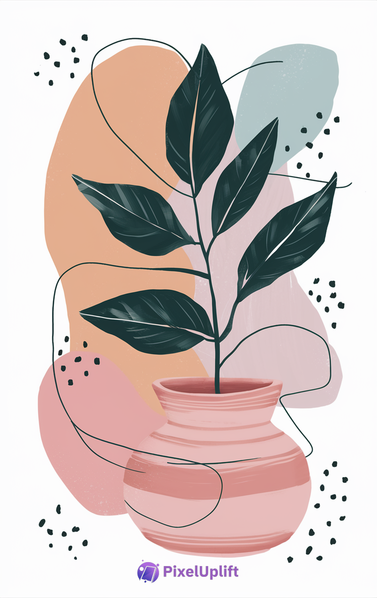 Modern stylized illustration of a potted plant with dark green leaves in a pinkish clay pot on a pastel abstract background
