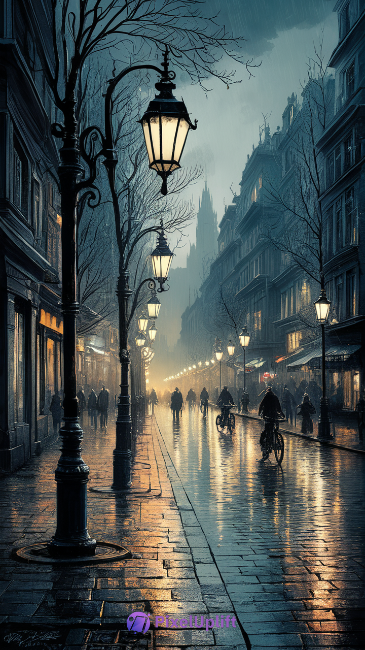 Moody atmospheric European street scene at night with vintage lampposts and wet cobblestone pavement phone wallpaper