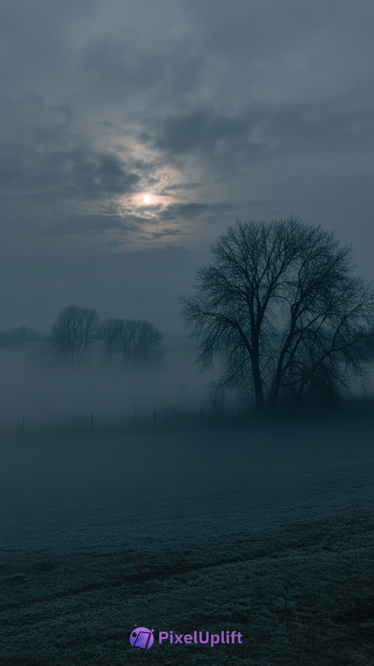 Moody misty twilight phone wallpaper with foggy landscape and leafless trees