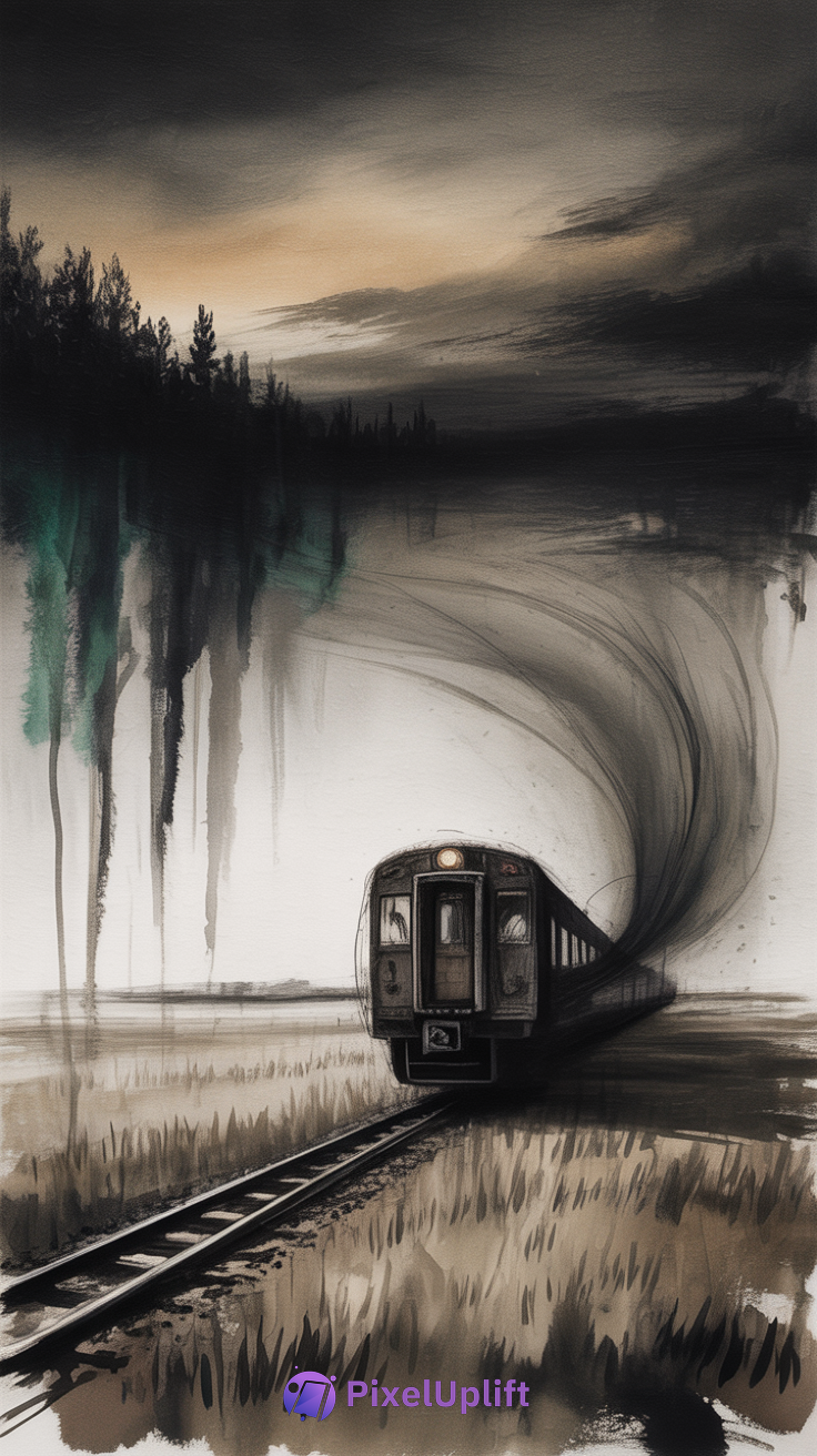 Moody surreal train phone wallpaper with dark smoke trailing, desolate landscape in muted earth tones and grayscale, dramatic dusk sky