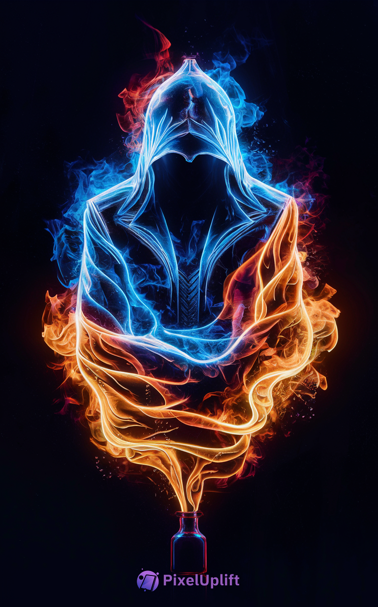 Mystical abstract figure emerging from a bottle with blue and orange swirling flames on dark background phone wallpaper