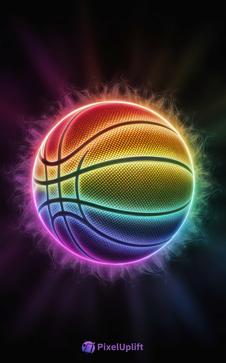 Neon rainbow glowing basketball on dark background phone wallpaper