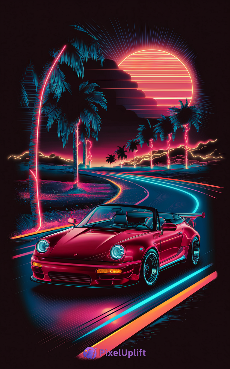 Vibrant neon retro futuristic phone wallpaper with red sports car on winding road, glowing palm trees, and large setting sun on dark sky background