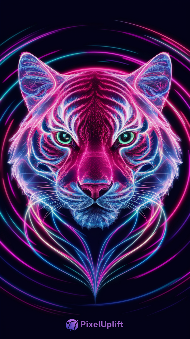 Vibrant neon tiger face digital artwork with glowing pink, purple, blue lines and bright greenish-blue eyes on black background