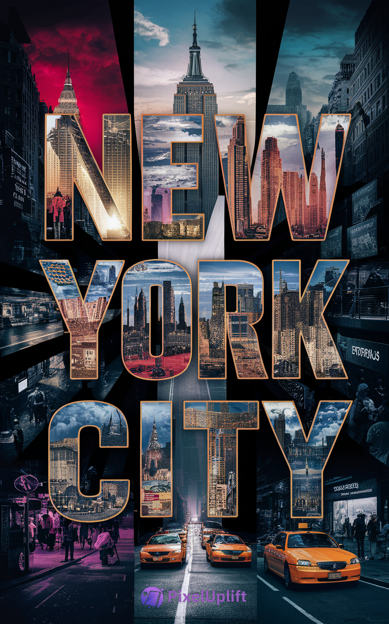 New York City phone wallpaper with bold letters filled with iconic skyscrapers and urban scenes on dark background