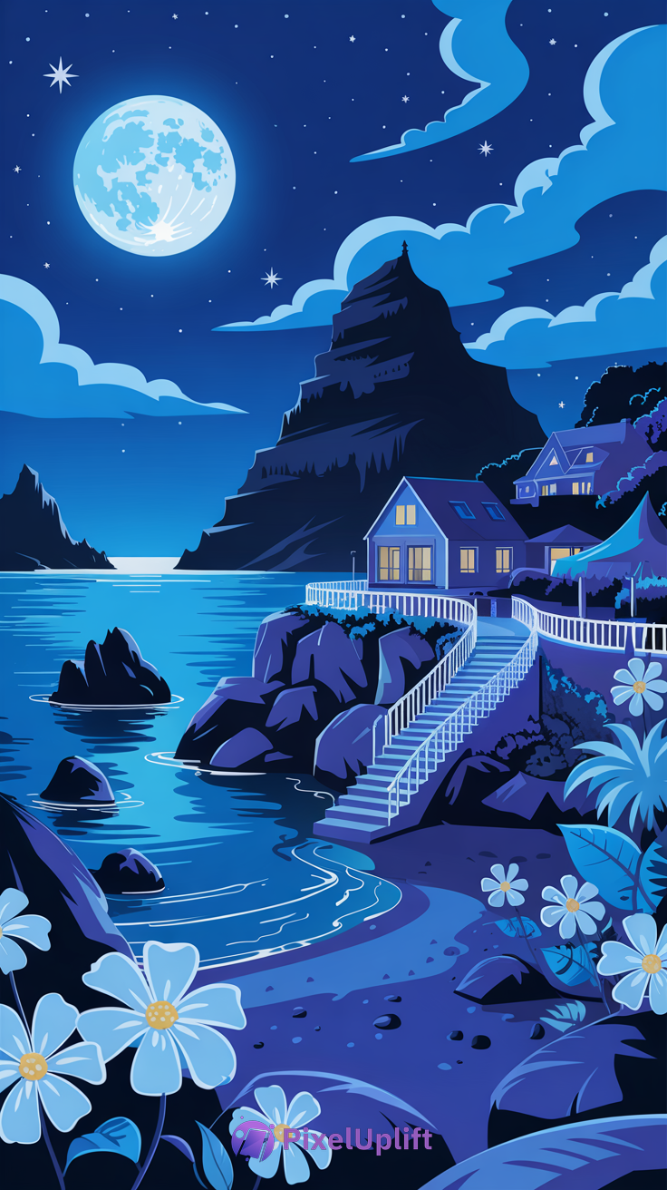 Nighttime coastal phone wallpaper showing full moon over rocky shoreline with white flowers and cozy cabin