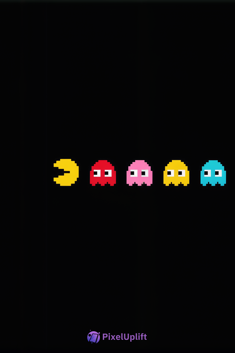 Pac-Man pixel art phone wallpaper with classic yellow Pac-Man and four colorful ghosts on black background