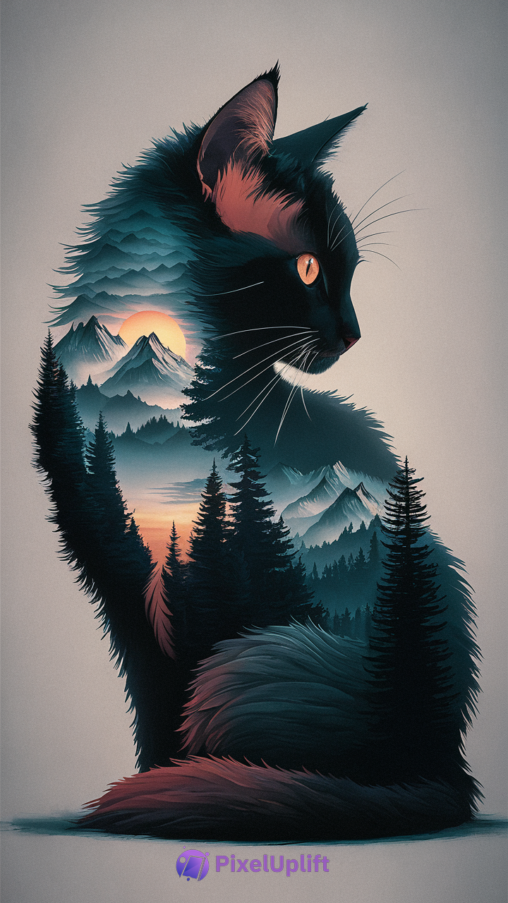 Black cat double exposure phone wallpaper with evergreen trees, mountain ranges, and setting sun in warm orange glow