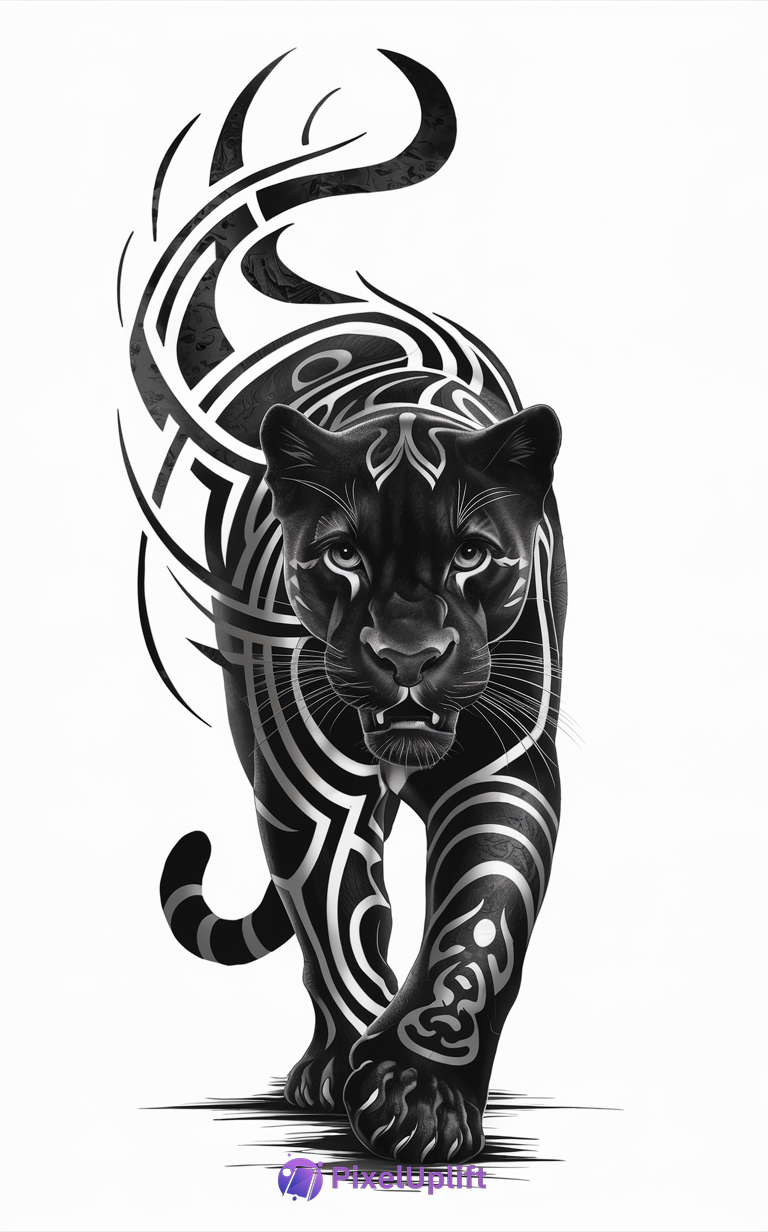 Black panther with intricate tribal tattoo patterns walking forward on a white background phone wallpaper