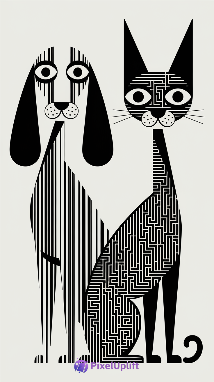 Black and white stylized illustration of a dog with striped body and a cat with maze-like pattern sitting side by side on a light background
