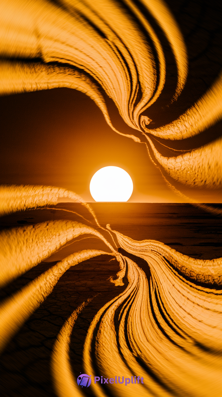 Bright glowing sun near horizon with swirling abstract orange patterns and dark cracked ground phone wallpaper