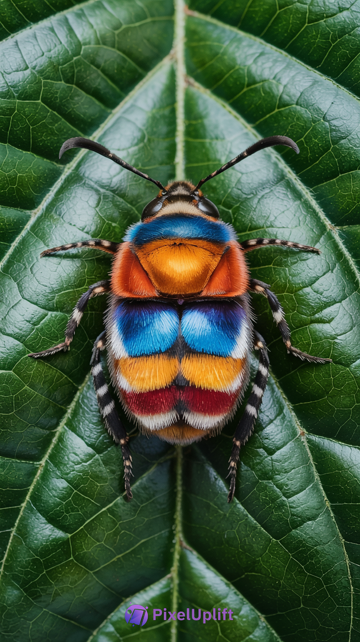 Close-up of a colorful beetle with bright orange, blue, yellow, and red bands resting on a green leaf