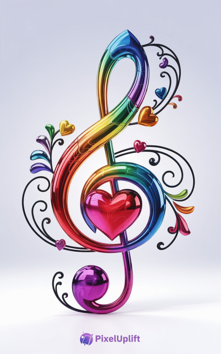 Colorful glossy treble clef with rainbow colors and decorative hearts on soft gradient background