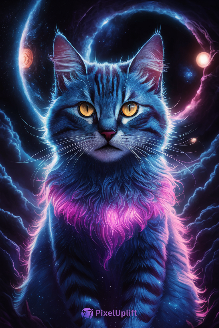 Stylized cosmic cat with amber eyes and vibrant blue, purple, and pink fur against a swirling space background with stars and planets