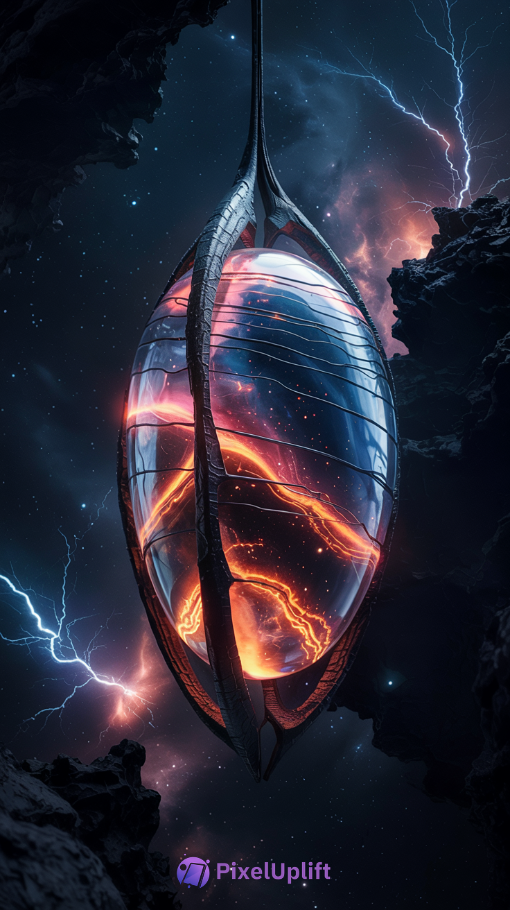 Dark futuristic cosmic orb phone wallpaper with glowing fiery orange and red patterns surrounded by stars and nebulae